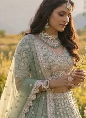 DESIGNER SILVER SKY NET FABRIC WEDDING BRIDAL LEHENGA CHOLI SEMI STITCHED 3