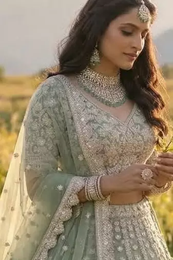 DESIGNER SILVER SKY NET FABRIC WEDDING BRIDAL LEHENGA CHOLI SEMI STITCHED