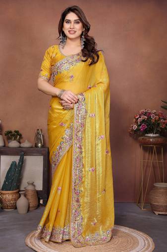 Enchanting yellow frendy chiffon multi sequins embroidered indian wedding saree