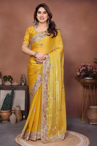 Enchanting yellow frendy chiffon multi sequins embroidered indian wedding saree