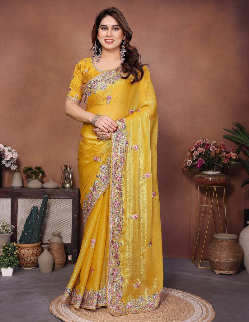 Enchanting yellow frendy chiffon multi sequins embroidered indian wedding saree