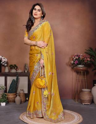 Enchanting yellow frendy chiffon multi sequins embroidered indian wedding saree 2