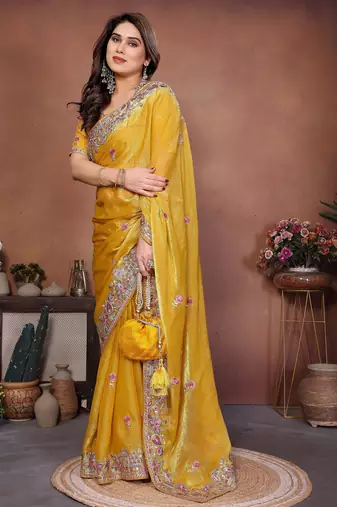 Enchanting yellow frendy chiffon multi sequins embroidered indian wedding saree