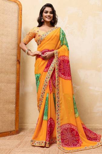 Dazzling yallow georgette sequins embroidered indian party wear saree