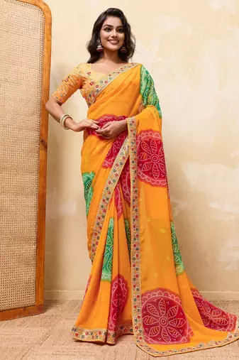 Dazzling yallow georgette sequins embroidered indian party wear saree