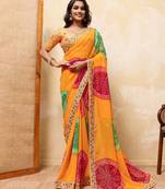 Dazzling yallow georgette sequins embroidered indian party wear saree