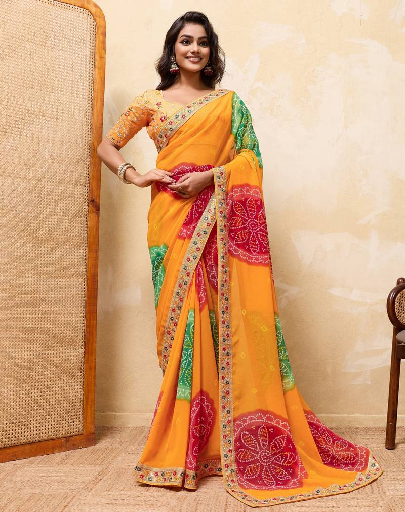 Dazzling yallow georgette sequins embroidered indian party wear saree