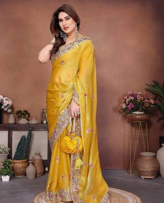 Enchanting yellow frendy chiffon multi sequins embroidered indian wedding saree 3