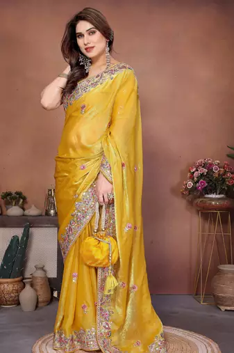 Enchanting yellow frendy chiffon multi sequins embroidered indian wedding saree