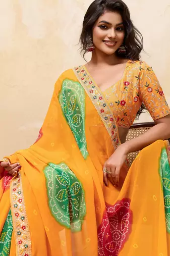 Dazzling yallow georgette sequins embroidered indian party wear saree