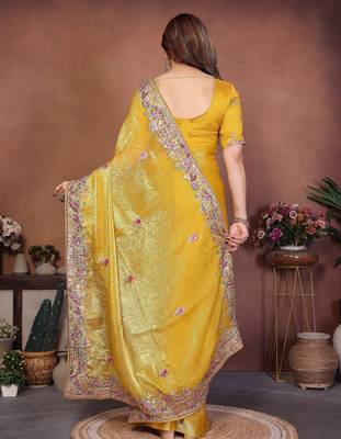Enchanting yellow frendy chiffon multi sequins embroidered indian wedding saree 4