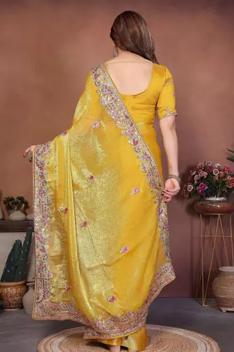 Enchanting yellow frendy chiffon multi sequins embroidered indian wedding saree