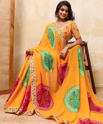 Dazzling yallow georgette sequins embroidered indian party wear saree 3