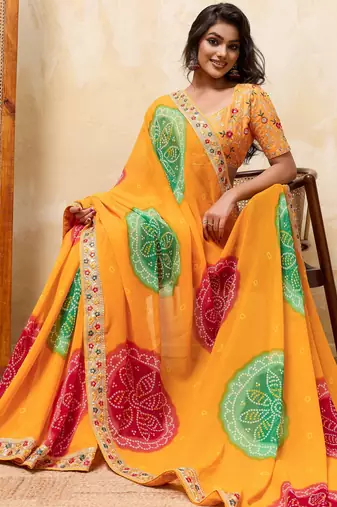 Dazzling yallow georgette sequins embroidered indian party wear saree