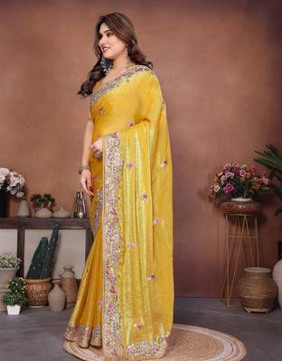 Enchanting yellow frendy chiffon multi sequins embroidered indian wedding saree 5