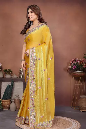 Enchanting yellow frendy chiffon multi sequins embroidered indian wedding saree