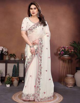 Mesmerizing white frendy chiffon multi sequins embroidered indian party wear saree 1