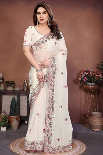 Mesmerizing white frendy chiffon multi sequins embroidered indian party wear saree
