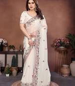 Mesmerizing white frendy chiffon multi sequins embroidered indian party wear saree