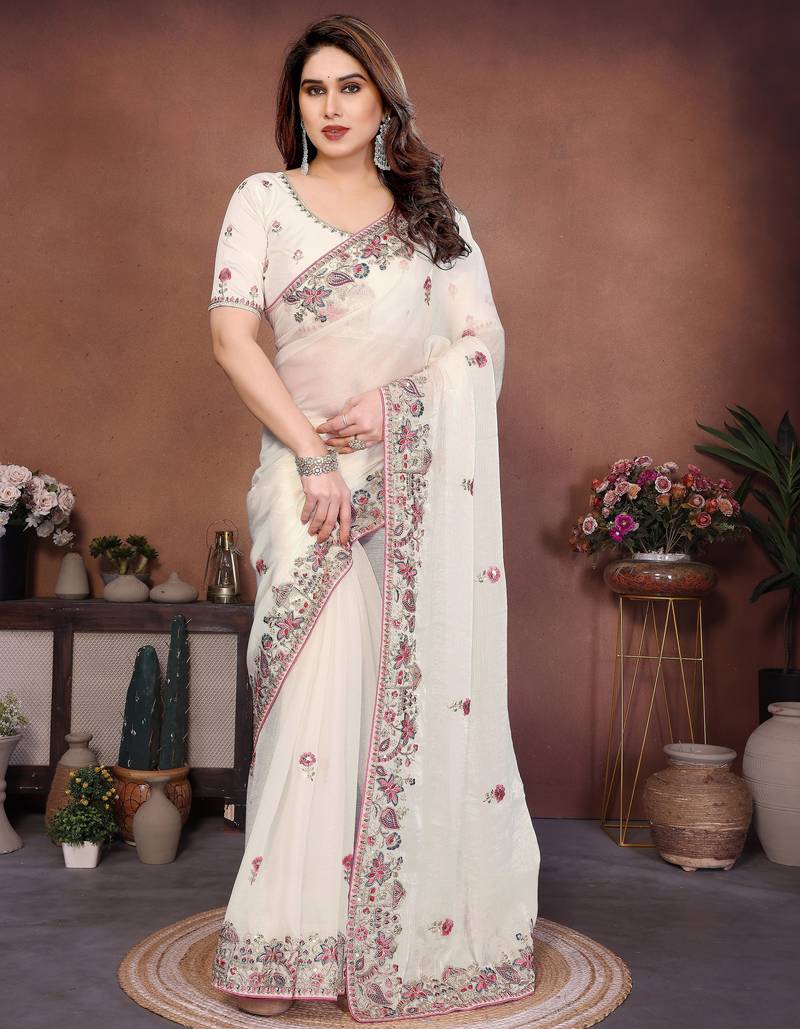 Mesmerizing white frendy chiffon multi sequins embroidered indian party wear saree