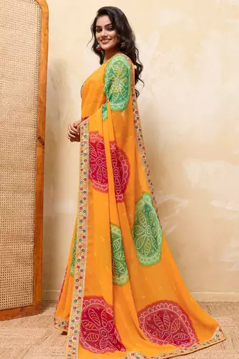 Dazzling yallow georgette sequins embroidered indian party wear saree