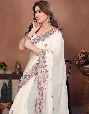 Mesmerizing white frendy chiffon multi sequins embroidered indian party wear saree 2