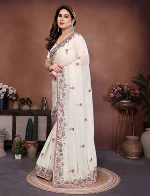 Mesmerizing white frendy chiffon multi sequins embroidered indian party wear saree 3