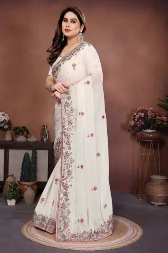 Mesmerizing white frendy chiffon multi sequins embroidered indian party wear saree