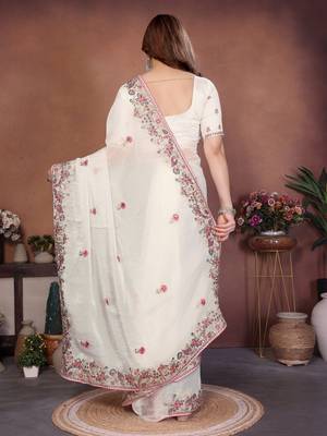 Mesmerizing white frendy chiffon multi sequins embroidered indian party wear saree 4
