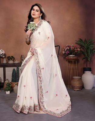 Mesmerizing white frendy chiffon multi sequins embroidered indian party wear saree 5