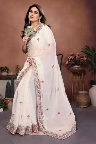 Mesmerizing white frendy chiffon multi sequins embroidered indian party wear saree