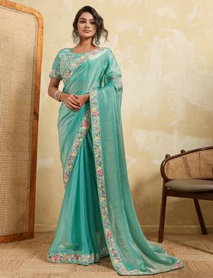 Catching firozi frendy chiffon sequins embroidered with wal-moti work indian designer wedding saree 1