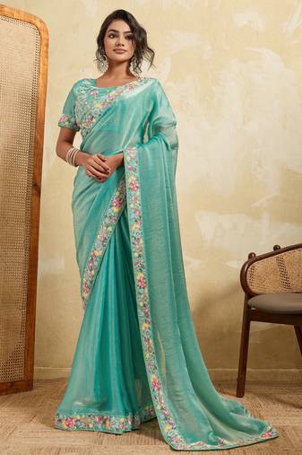 Catching firozi frendy chiffon sequins embroidered with wal-moti work indian designer wedding saree