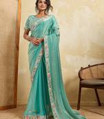 Catching firozi frendy chiffon sequins embroidered with wal-moti work indian designer wedding saree