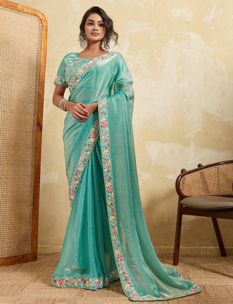 Catching firozi frendy chiffon sequins embroidered with wal-moti work indian designer wedding saree