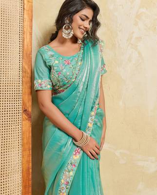 Catching firozi frendy chiffon sequins embroidered with wal-moti work indian designer wedding saree 2