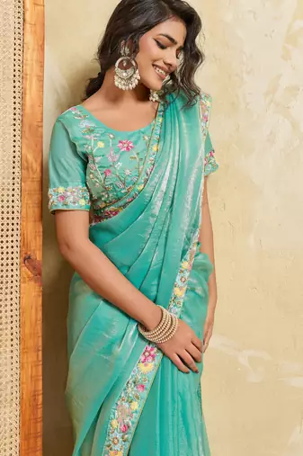 Catching firozi frendy chiffon sequins embroidered with wal-moti work indian designer wedding saree