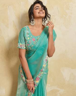 Catching firozi frendy chiffon sequins embroidered with wal-moti work indian designer wedding saree 3