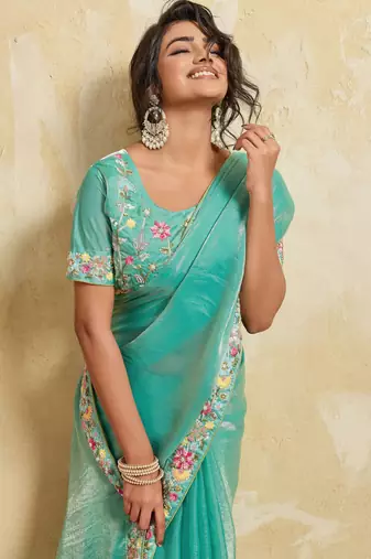 Catching firozi frendy chiffon sequins embroidered with wal-moti work indian designer wedding saree