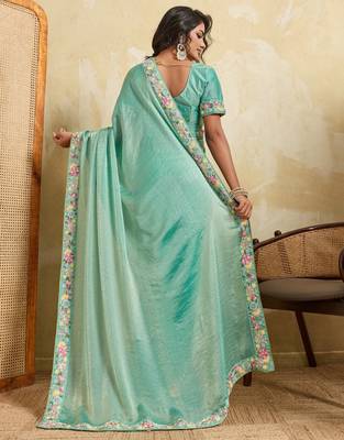 Catching firozi frendy chiffon sequins embroidered with wal-moti work indian designer wedding saree 4