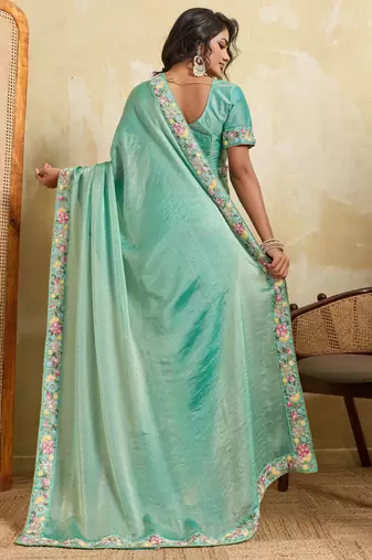 Catching firozi frendy chiffon sequins embroidered with wal-moti work indian designer wedding saree