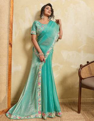 Catching firozi frendy chiffon sequins embroidered with wal-moti work indian designer wedding saree 5