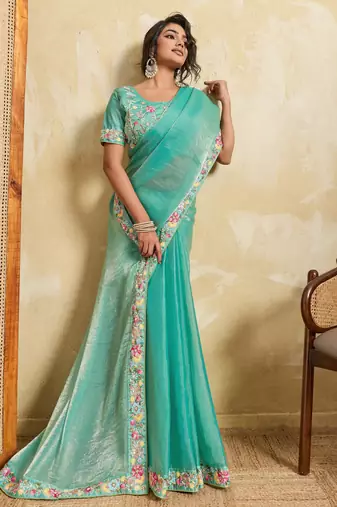 Catching firozi frendy chiffon sequins embroidered with wal-moti work indian designer wedding saree