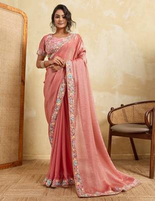 Delightful pink frendy chiffon sequins embroidered with wal-moti work indian designer party wear saree 1