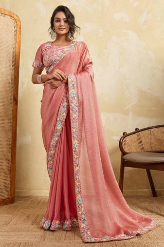 Delightful pink frendy chiffon sequins embroidered with wal-moti work indian designer party wear saree