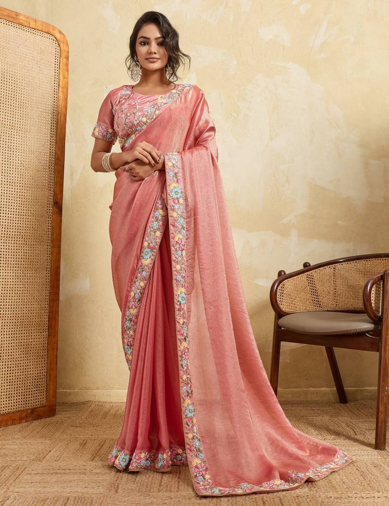 Delightful pink frendy chiffon sequins embroidered with wal-moti work indian designer party wear saree