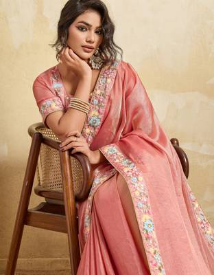 Delightful pink frendy chiffon sequins embroidered with wal-moti work indian designer party wear saree 2