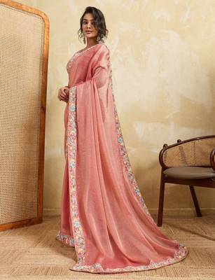 Delightful pink frendy chiffon sequins embroidered with wal-moti work indian designer party wear saree 3