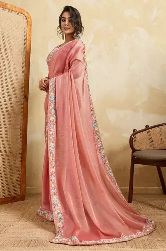 Delightful pink frendy chiffon sequins embroidered with wal-moti work indian designer party wear saree