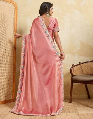 Delightful pink frendy chiffon sequins embroidered with wal-moti work indian designer party wear saree 4